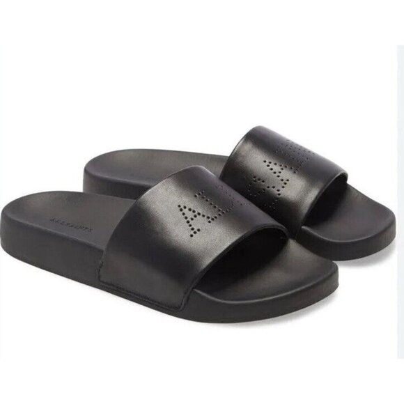 All Saints sz 5 sandals Black Leather Slides shoes Designer Luxury Minimalist - Picture 2 of 6